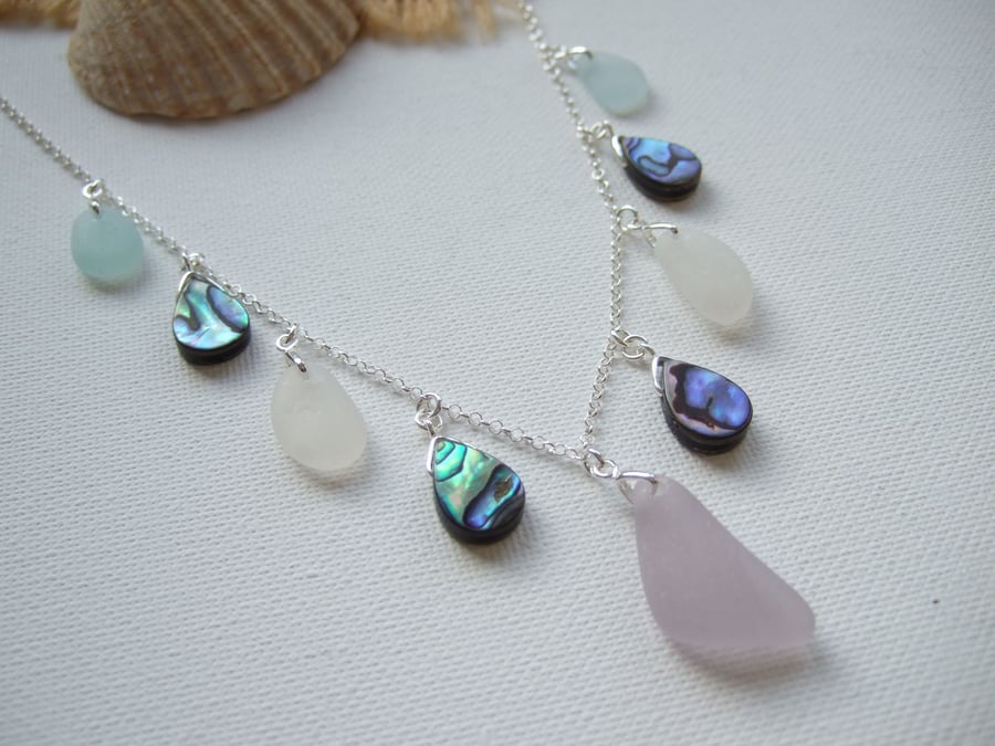 Seaham White Lavender Sea Foam Beach Glass Necklace, Abalone Beads Sterling 18"