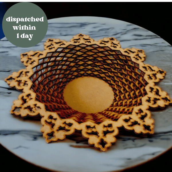 Exquisite wooden dish adorned with precise laser cut lattice work patterns