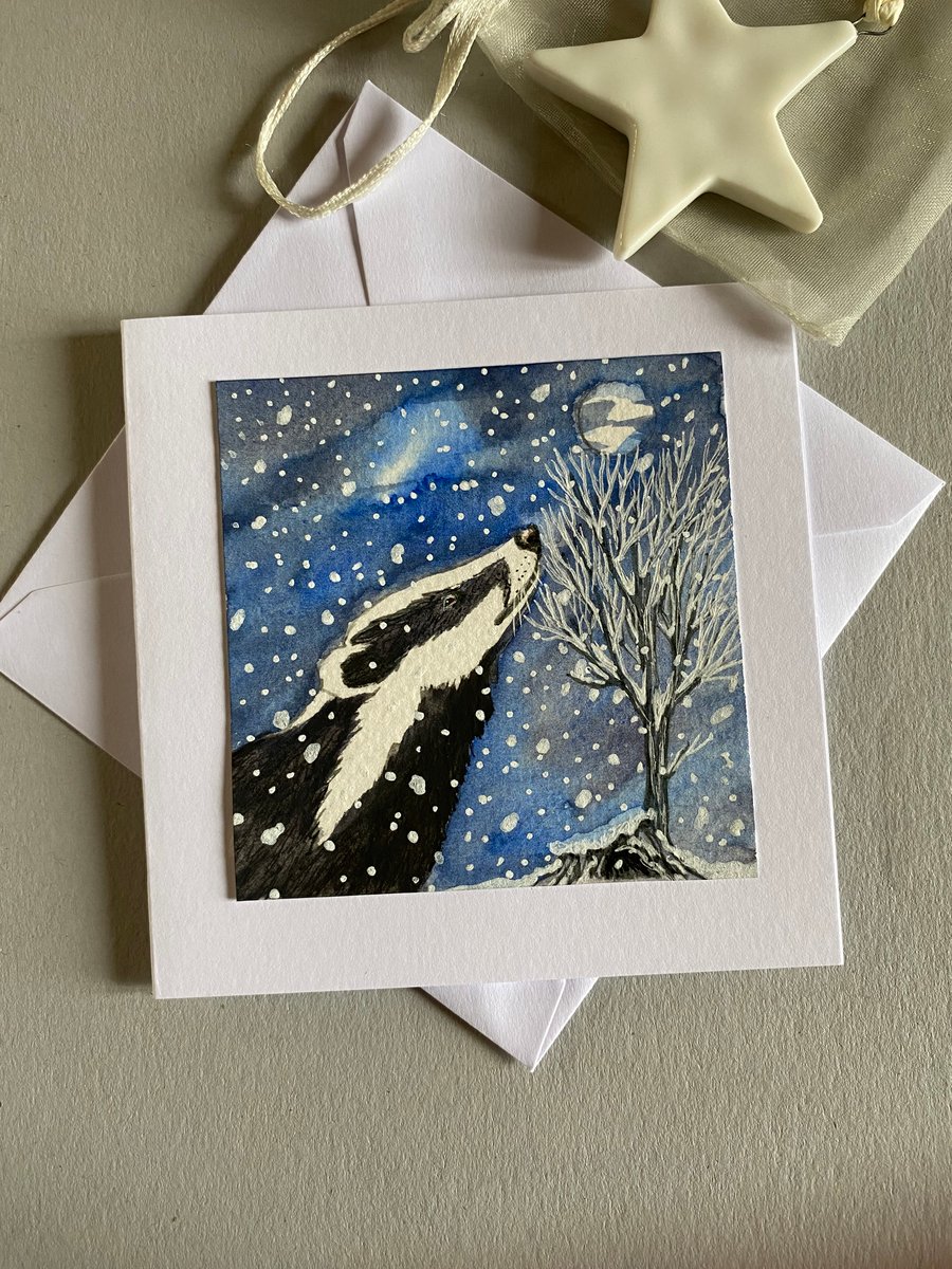 Hand painted card Sky gazing badger