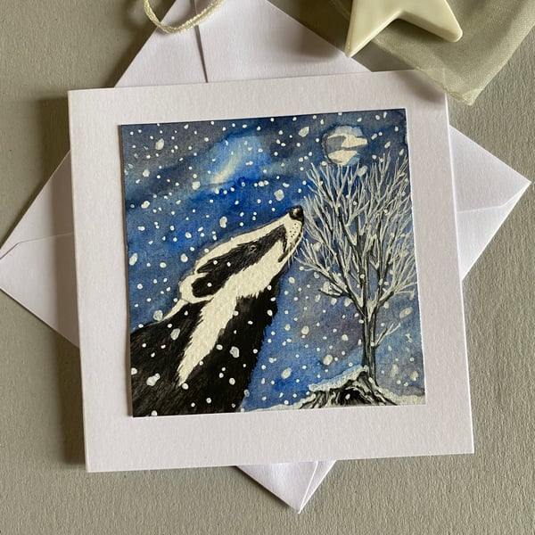 Hand painted card Sky gazing badger