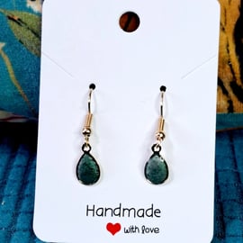 Green Resin Droplet Earrings in Gold