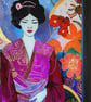 Japanese Wall Art Asian Decor - geisha with kimono surrounded by flowers glass p - Image 6