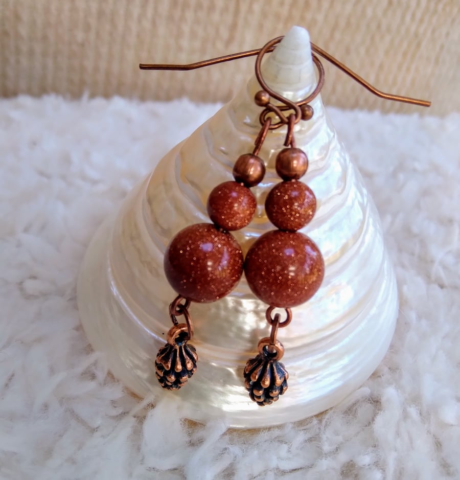Sunstone smooth gemstones with copper bead and PINECONE charm EARRINGS