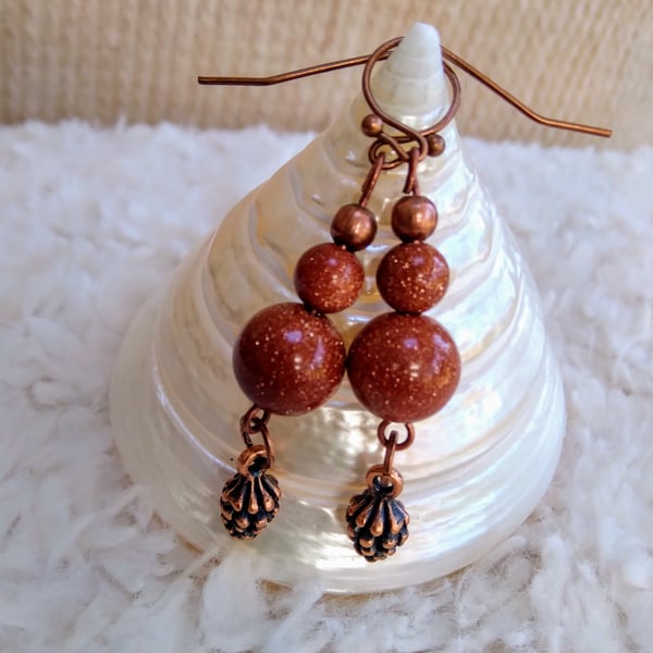 Sunstone smooth gemstones with copper bead and PINECONE charm EARRINGS