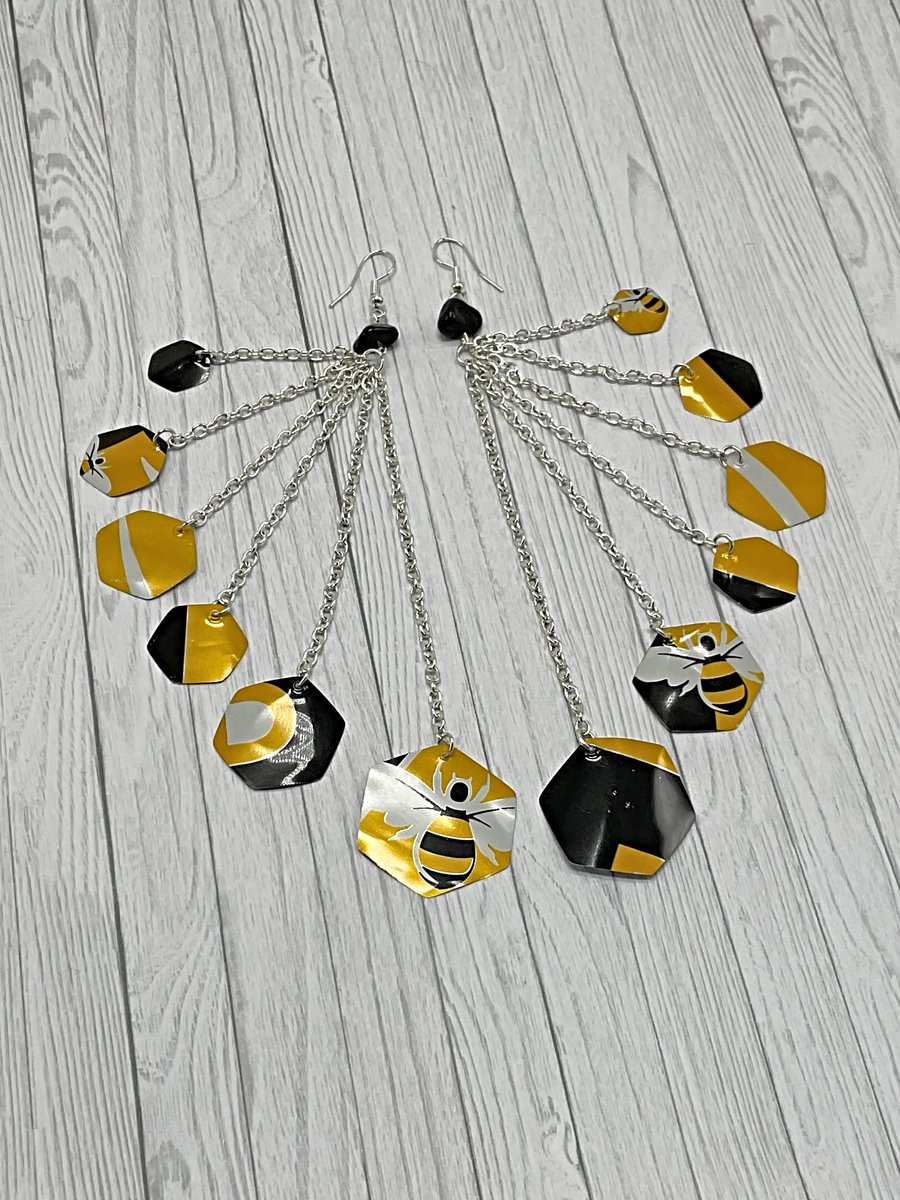 Recycled Aluminium Hexagon Dangle Earrings - Yellow Boddington Drink Can Metal