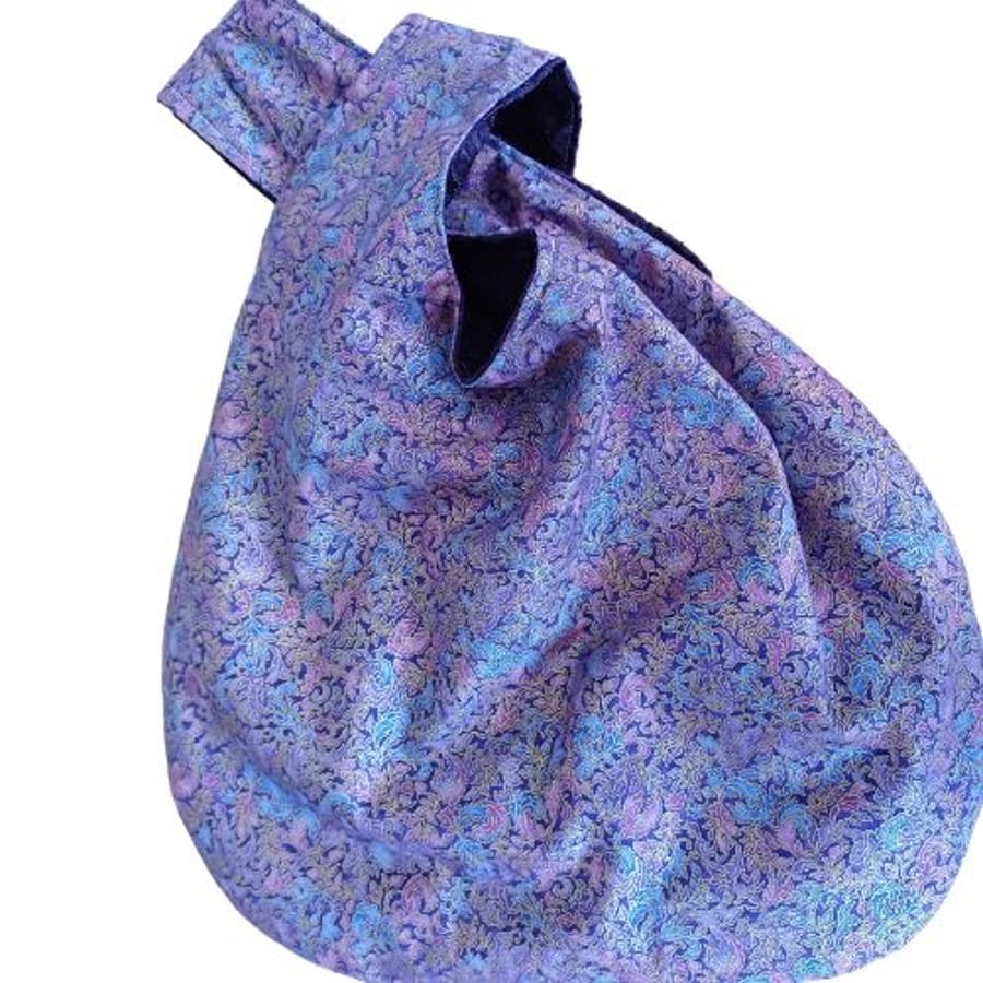 Hobo bag - reversible, shiny blue, purple and gold with dark purple embroidery
