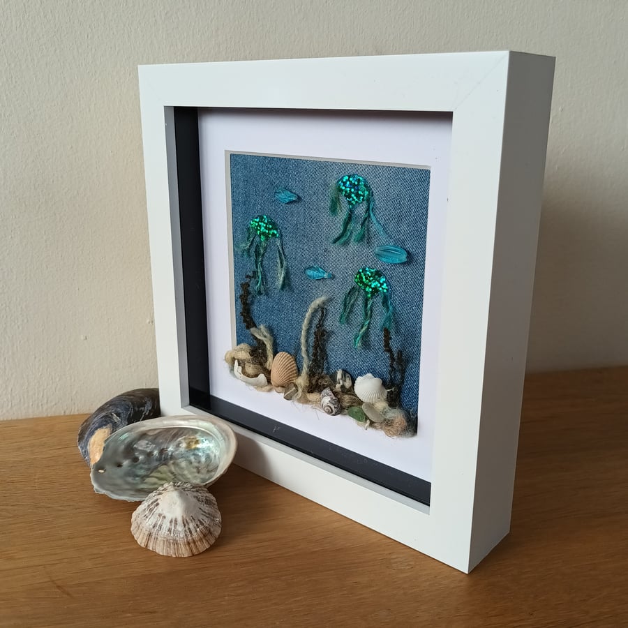 Shimmering jellyfish and fish swimming underwater seascape  6"x 6 Seconds Sunday