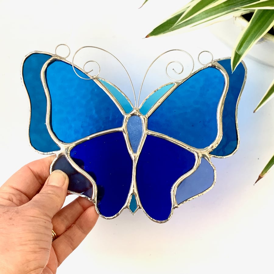 Stained Glass Large Butterfly Suncatcher - Handmade Decoration - Blue Turquoise