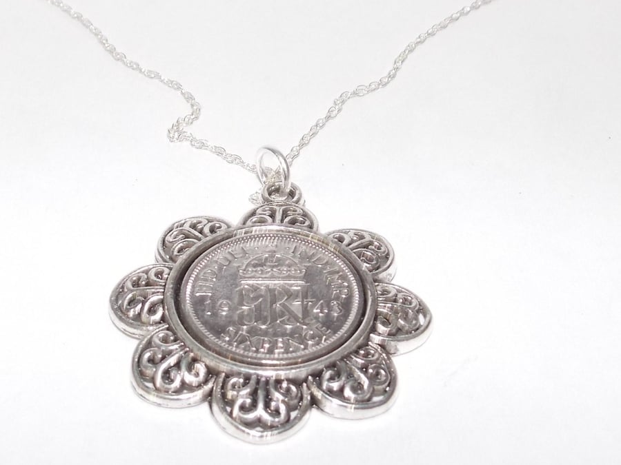 Floral Pendant 1943 Lucky sixpence 81st Birthday plus a Sterling Silver 18in Cha