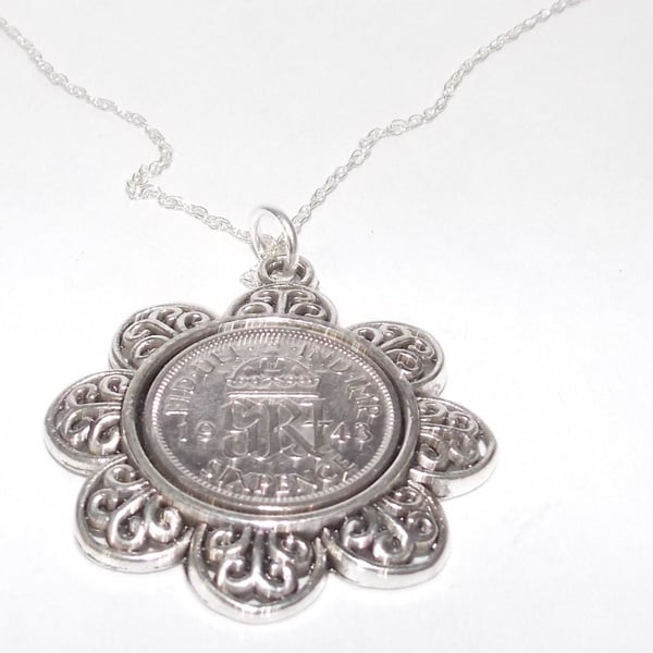 Floral Pendant 1943 Lucky sixpence 81st Birthday plus a Sterling Silver 18in Cha