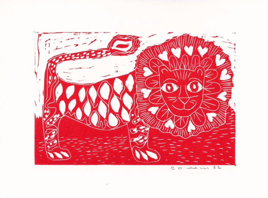 Happy Lion  in Red -  Lino cut