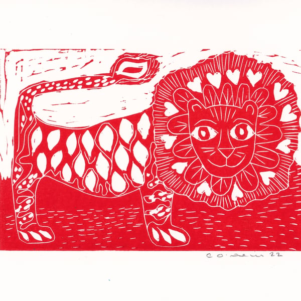 Happy Lion  in Red -  Lino cut