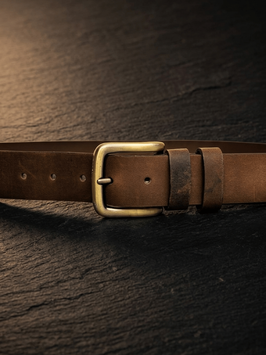 Patina Brown Full Grain Pull-Up Leather Belt Antique Brass Buckle Mens Belt 38mm