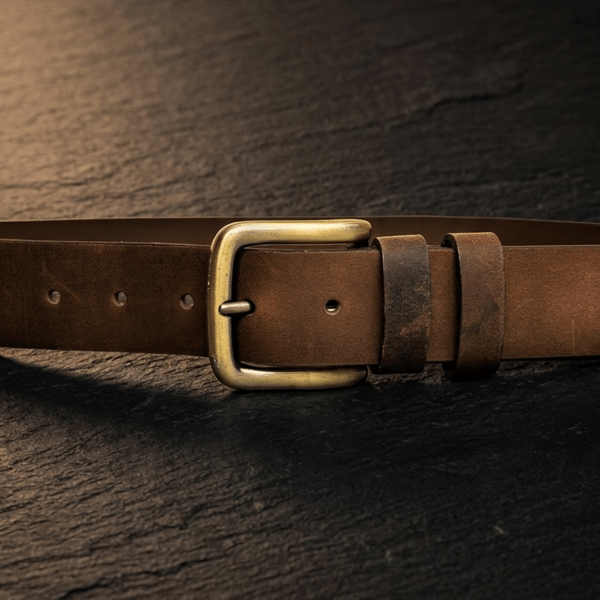 Patina Brown Full Grain Pull-Up Leather Belt Antique Brass Buckle Mens Belt 38mm
