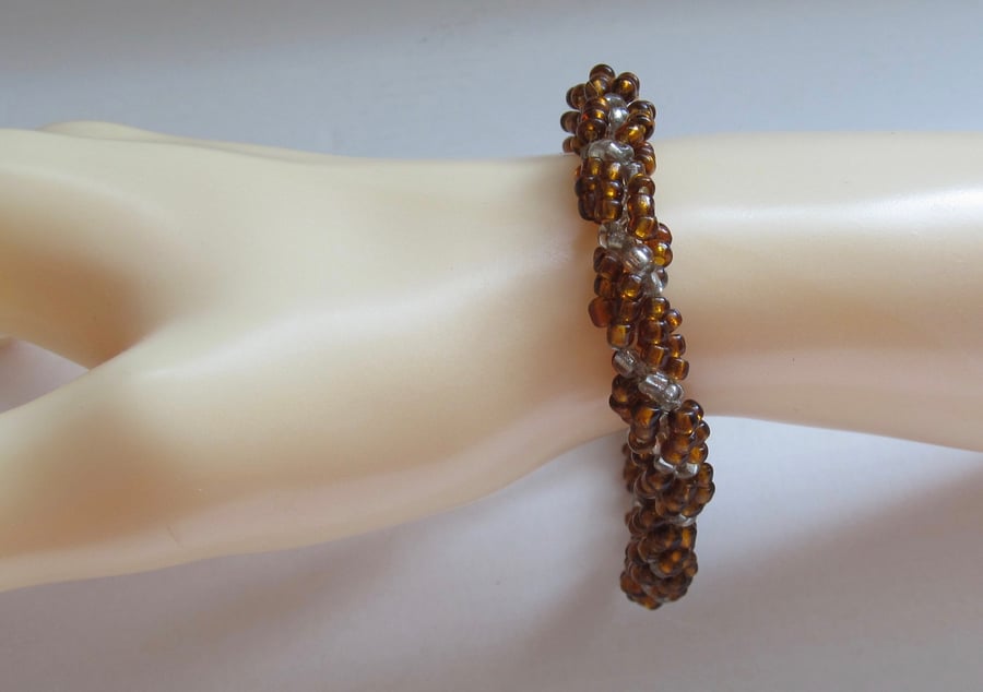 Slimline Bracelet: Amber Coloured & Clear Silver Lined Seed Beads, Spiral Weave