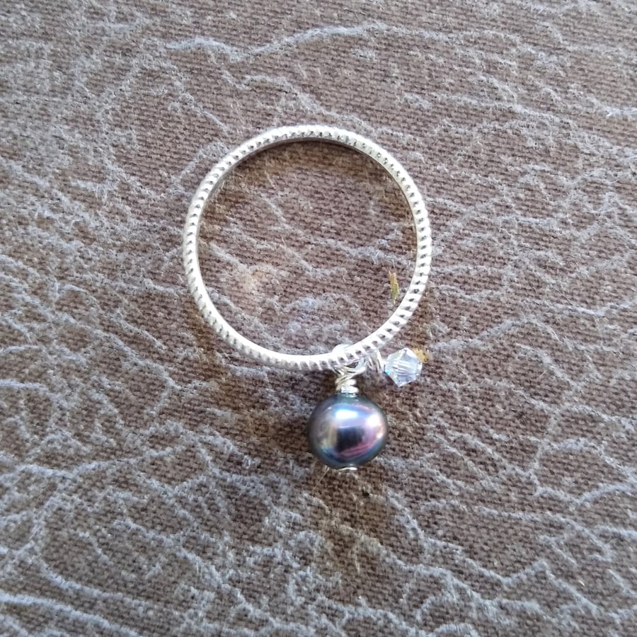 Freshwater Peacock Pearl & Swarovski Crystal 925 Sterling Silver Charm Ring 