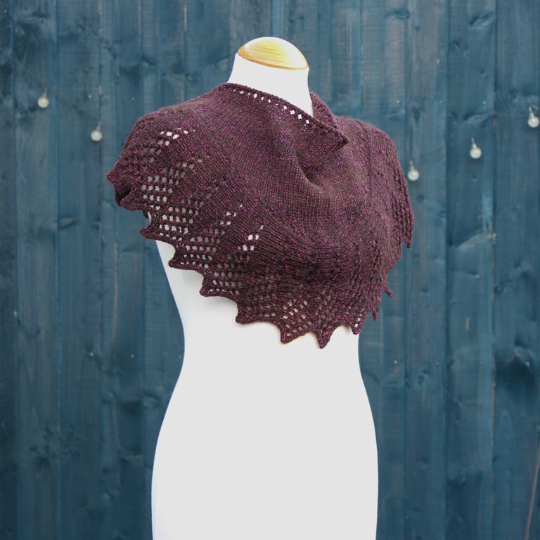 Natural black Shetland wool & cerise cotton lace edged scarf shawl - design S122