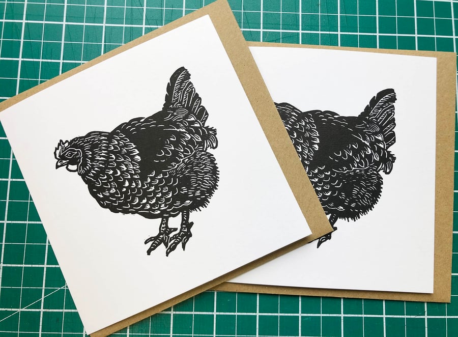 Little maran hen lino print greetings card