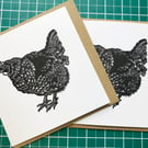 Little maran hen lino print greetings card