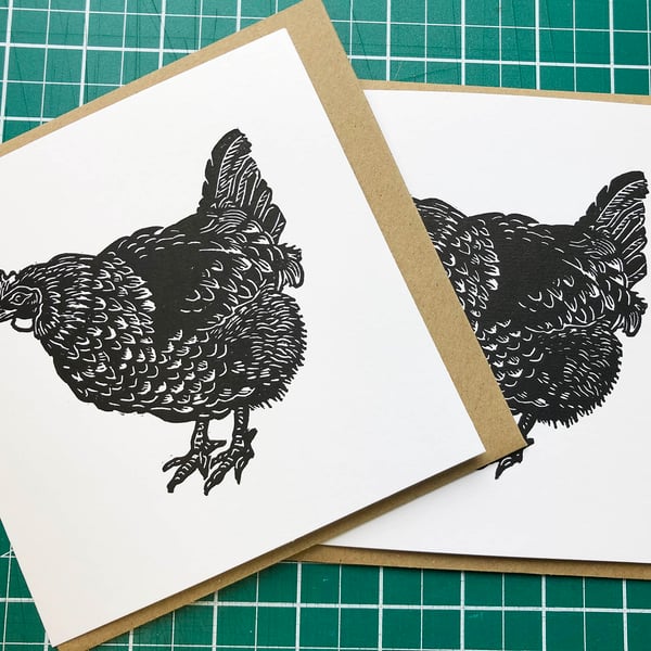 Little maran hen lino print greetings card