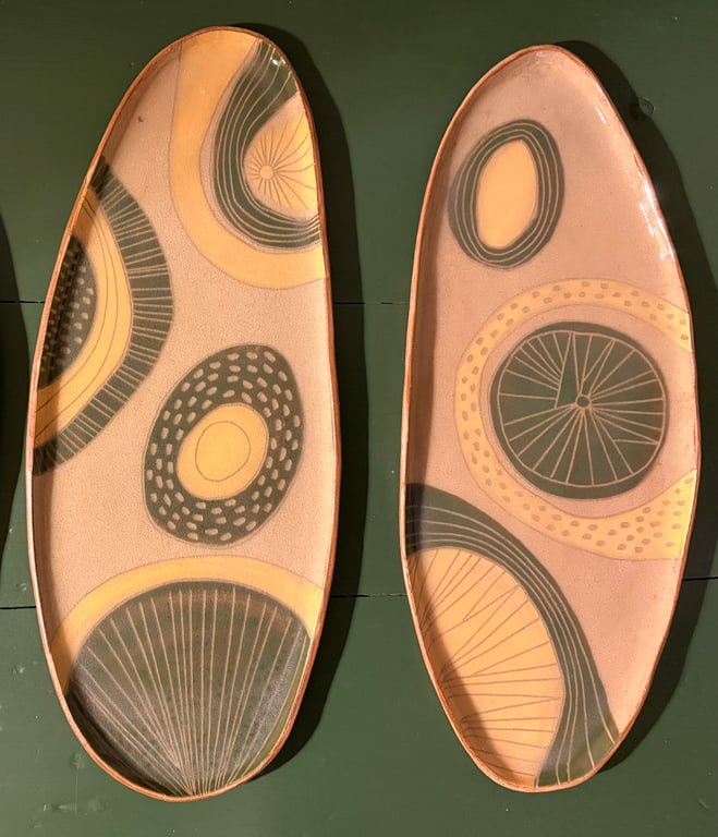 Ceramic serving platter - handmade, carved and painted