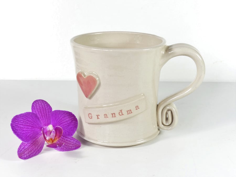Grandma Heart - White Cream Mug, Ceramic Pottery Handmade Stoneware Coffee Tea