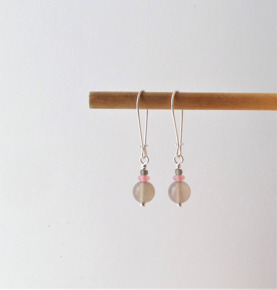 Beige & Pink Stone Silver Kidney Earrings, Neutral Earrings.
