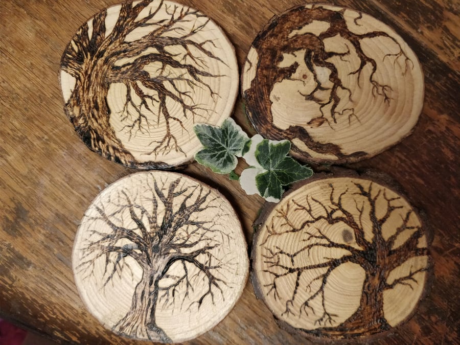 Tree design log slice pyrography coasters