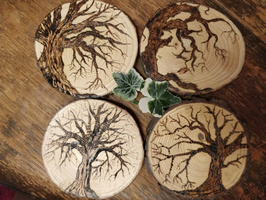 Tree design log slice pyrography coasters - Folksy