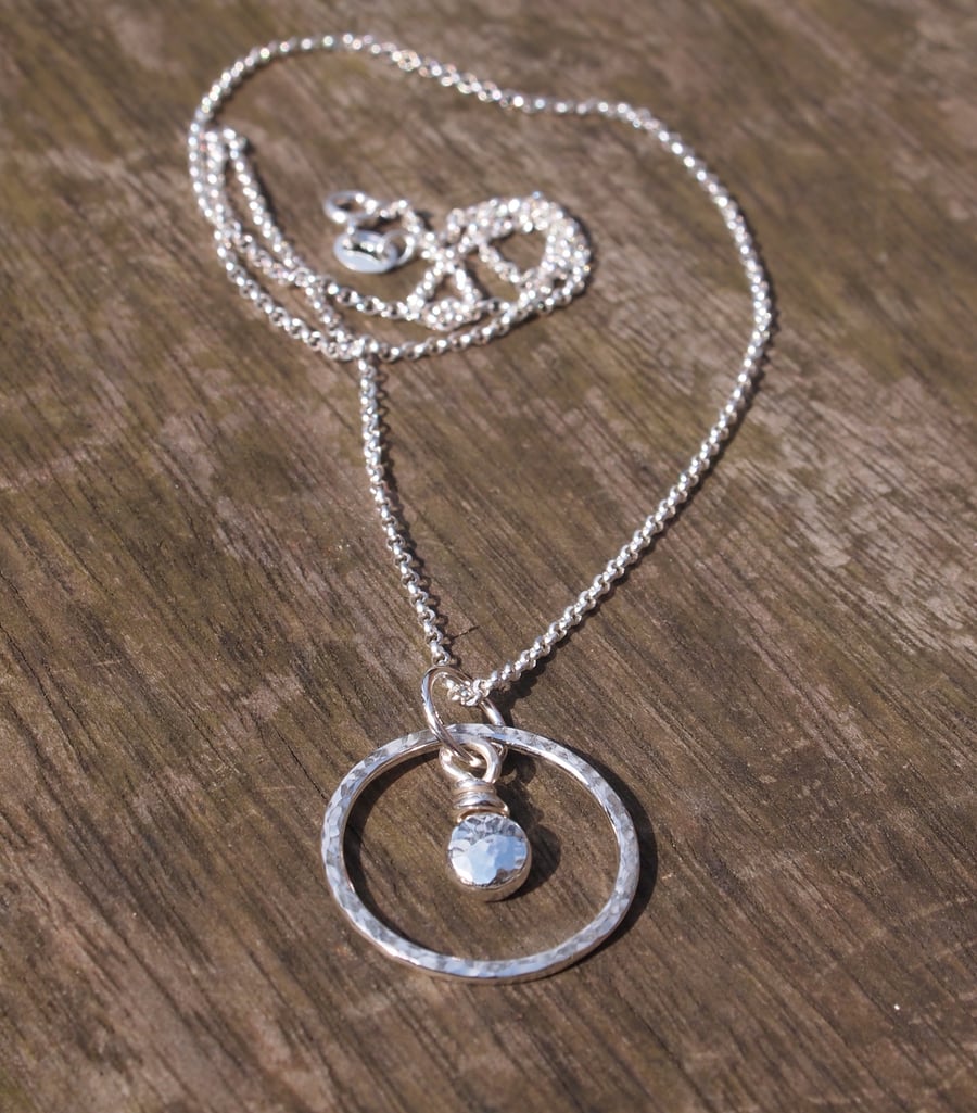 Hammered Silver Pebble Ring Pendant Necklace, Handmade Silver Jewellery