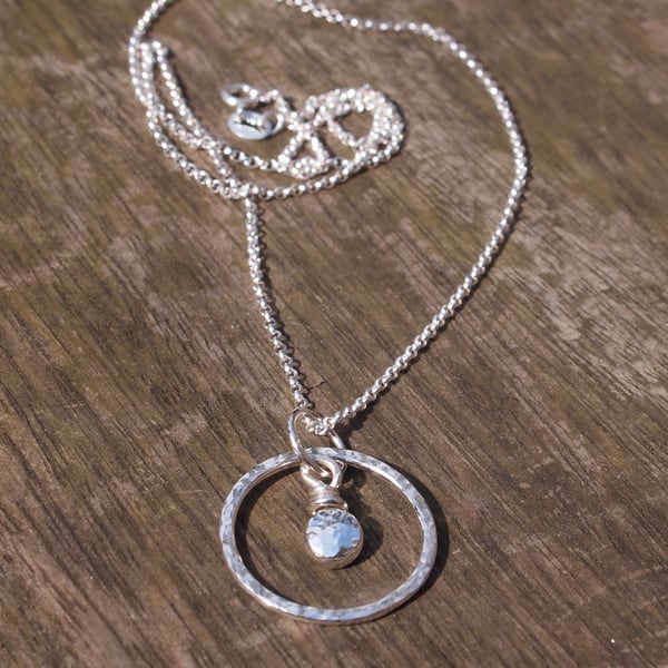 Hammered Silver Pebble Ring Pendant Necklace, Handmade Silver Jewellery