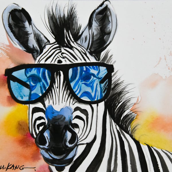 Watercolour Painting of a Zebra on Paper and Framed (One of a Kind) No.1