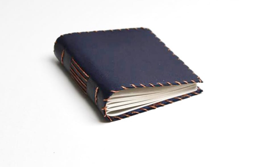 Small Navy Blue Handmade Leather notebook Floral Fabric Lining recycled Paper