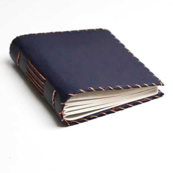 Small Navy Blue Handmade Leather notebook Floral Fabric Lining recycled Paper