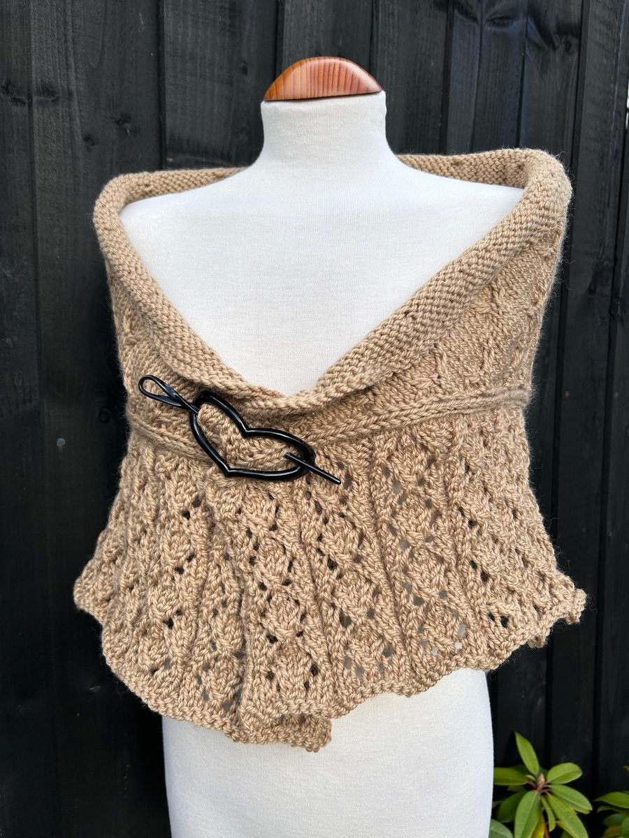 Soft merino wool rich camel brown bottom up textured & lace hand knitted shawl 