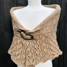 Soft merino wool rich camel brown bottom up textured & lace hand knitted shawl 