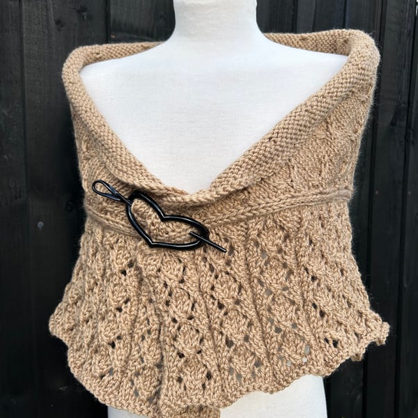 Soft merino wool rich camel brown bottom up textured & lace hand knitted shawl 