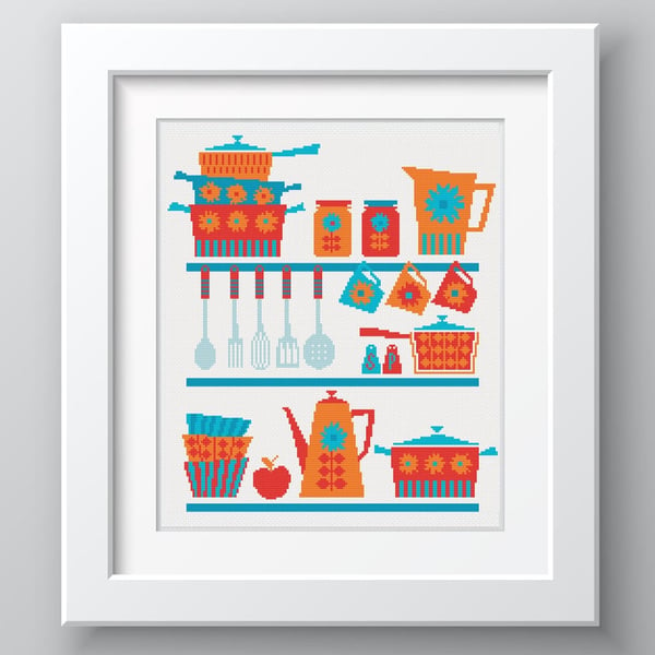 187 - Retro Kitchen Coffee Pot, Cups, Pots & Pans - Warm - Cross Stitch Pattern