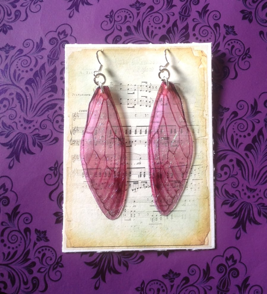 Dark Pink Iridescent Fairy Wing Sterling Silver Earrings