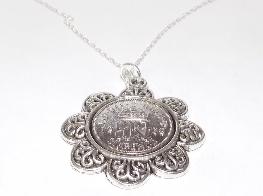 Floral Pendant 1938 Lucky sixpence 83rd Birthday plus a Sterling Silver 18in Cha
