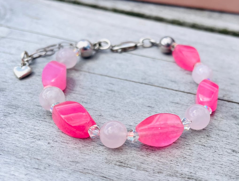 Rose Quartz with Candy Pink Jade and Swarovski Crystals Bracelet