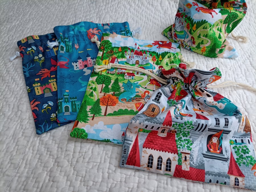 Drawstring Bag - Princess knight castle dragon themes - toy, storage or gift bag