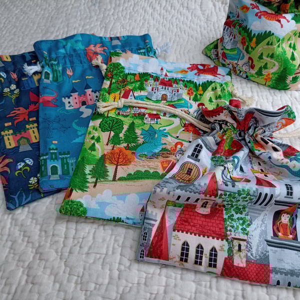 Drawstring Bag - Princess knight castle dragon themes - toy, storage or gift bag