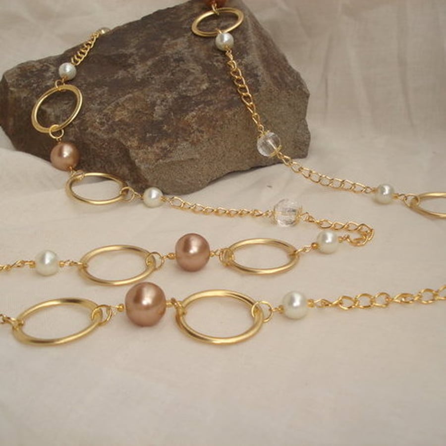 Gold Plated Longer Length Pearl Hoop Loop Necklace 