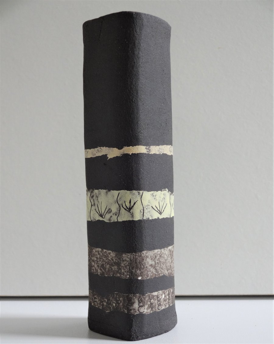 Finn.  Matt black stoneware ceramic bud vase with pastel colour bands