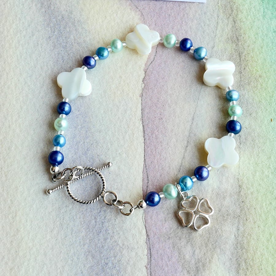 Pearl and Mother of Pearl Bracelet with Sterling Silver Toggle Clasp Charm
