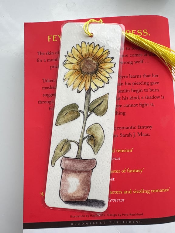 Hand painted watercolour sunflower bookmark with Bright Yellow Tassel
