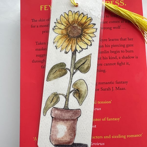 Hand painted watercolour sunflower bookmark with Bright Yellow Tassel