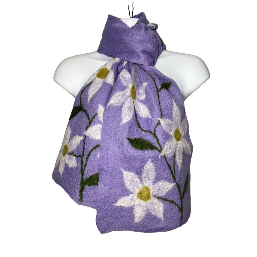 Lilac merino wool floral felted scarf