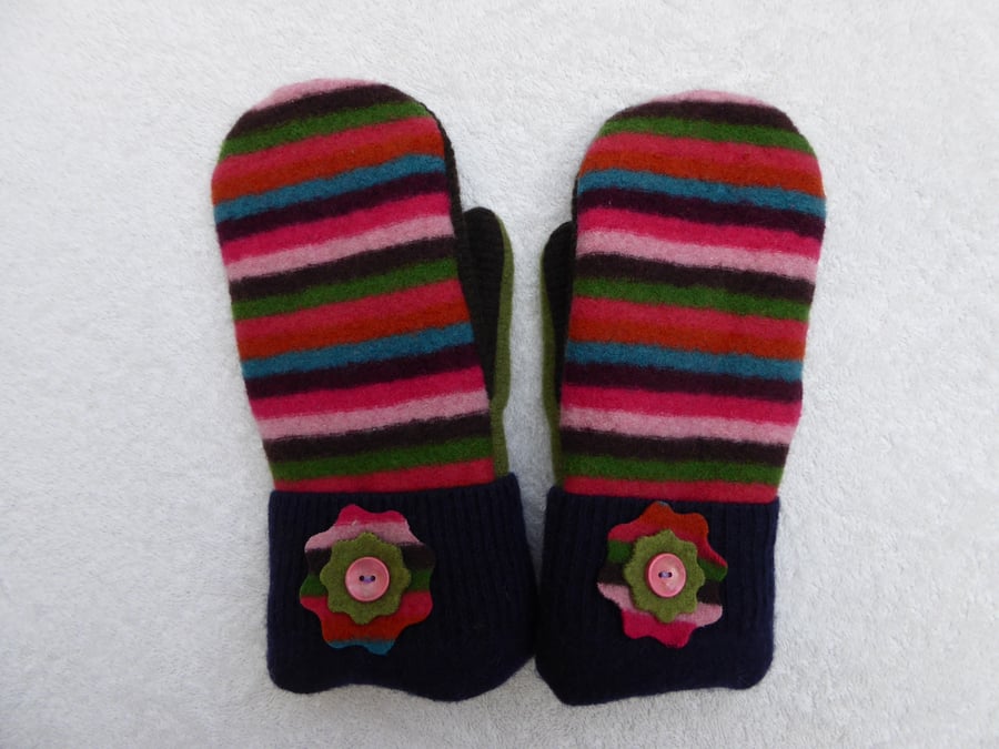 Mittens Created from Up-cycled Wool Jumpers. Fully Lined. Bright Stripe